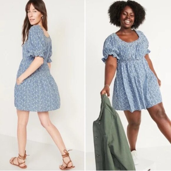 Old Navy Chambray Puff Sleeve Floral Embroidered Dress - Picture 1 of 5